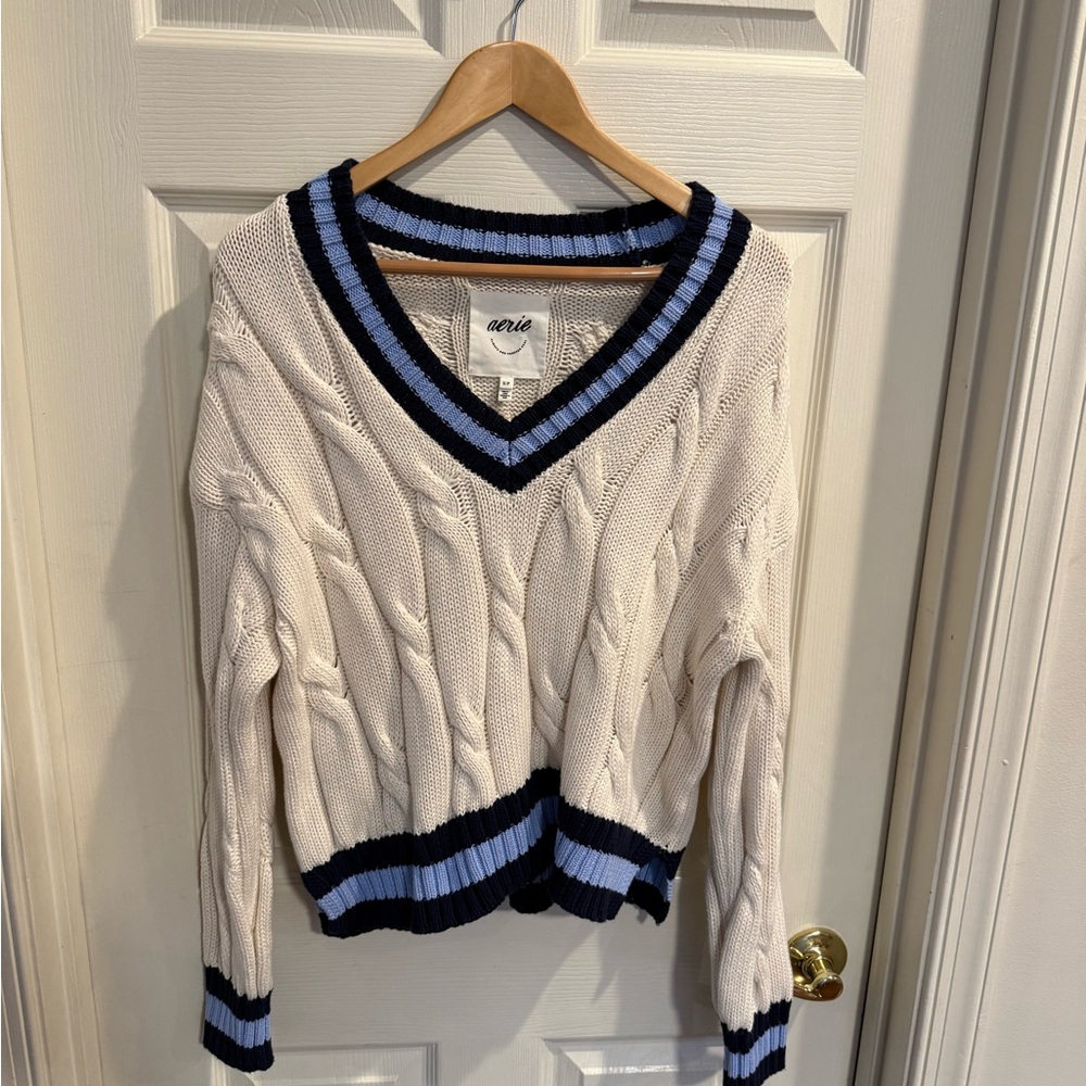 aerie Cream Cable-Knit V-Neck Sweater with Blue and Black Trim